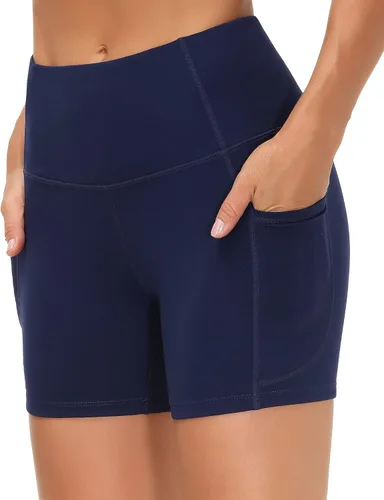 Vista 3 de THE GYM PEOPLE - Pantalones cortos de yoga para mujer, con cintura alta, control de abdomen y bolsillos profundos, para gimnasia, entrenamiento