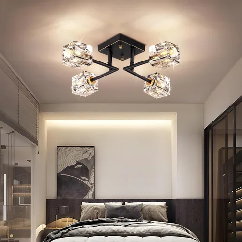 Vista 7 de Lámpara de techo moderna de cristal, lámpara de techo semiempotrada con 4 luces, candelabros Sputnik negros y dorados para dormitorio, comedor