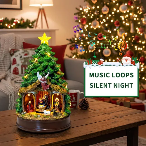 Vista 6 de Árbol de Navidad Iluminado y Animado Escena de Natividad del Pesebre, Figuras Musicales de la Familia de Ángeles con Luz LED que Reproduce Música
