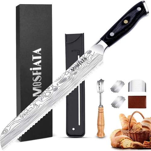 Vista 16 de MOSFiATA - Cuchillo de chef de 10 pulgadas súper afilado, cuchillo de cocina profesional con protector de dedos en caja de regalo, cuchillo