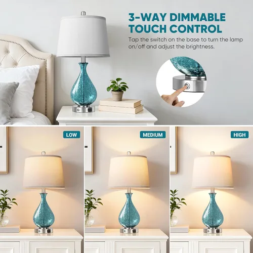 Vista 3 de QiMH Juego de 2 lámparas de mesa de cristal para sala de estar y dormitorio, luz LED de 22.5 pulgadas con control táctil, azul de 3 vías regulables