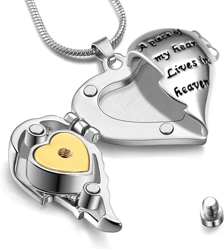 Vista 3 de Cring Coco Collar con colgante de cremación conmemorativo para mujer con medallón A Piece of My Heart Lives in Heaven Chapado en oro Circón