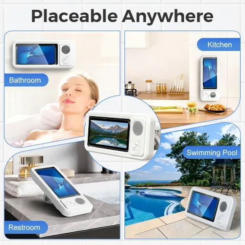 Vista 5 de Soporte para teléfono de ducha con altavoz Bluetooth inalámbrico, soporte impermeable para teléfono con altavoz, funda de teléfono de ducha