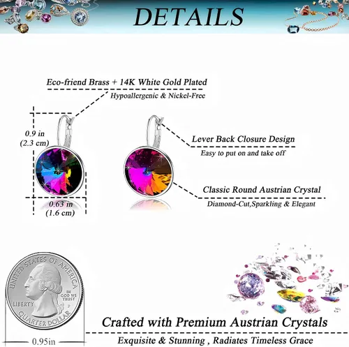 Vista 4 de Aretes de aro redondos de cristales austriacos para mujer, chapados en oro de 14 quilates, hipoalergénicos