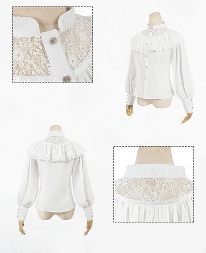 Vista 4 de NSPSTT Blusa victoriana para mujer, camisa renacentista de satén con botones, estilo pirata, gótica, manga abombada, blusa blanca