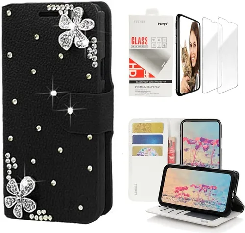 Vista 9 de Bling Wallet - Funda de cuero compatible con Samsung Galaxy A32 5G, elegante, diseño de corazón y corona hecha a mano en 3D con protector