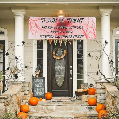 Vista 2 de Cartel personalizado de Feliz Halloween para fiesta, añade tu texto en la pancarta, decoraciones de Halloween personalizadas para interiores