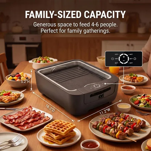 Vista 4 de Parrilla y plancha sin humo para interiores de 1100 W, control de humo de barbacoa coreana con control de temperatura de ventilador, placa