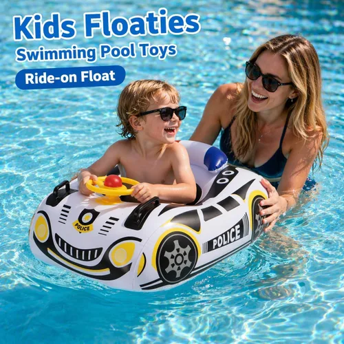 Vista 3 de Flotador de piscina para niños pequeños con volante, flotador de piscina para bebés sin giro con asiento y respaldo, PVC grueso inflable de policía