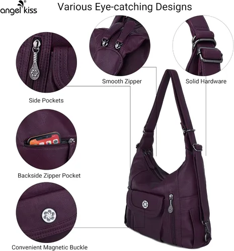 Vista 4 de Angel Kiss Purses and Handbags for Women Washed Vegan Leather Crossbody Hobo Satchel Shoulder Mutipocket Tote Purse