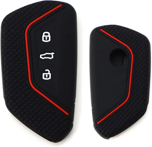 Vista 10 de iJDMTOY Funda para llavero de silicona suave con patrón de fibra de carbono negra con rayas rojas compatible con Volkswagen MK8 Golf/GTI ID 4, Skoda