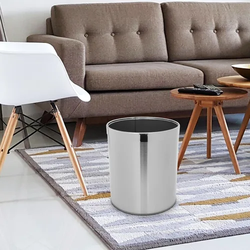 Vista 8 de Cabilock Cubo de basura redondo de acero inoxidable con anillo, contenedor de basura con parte superior abierta, contenedor de basura para el hogar
