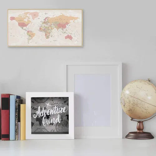 Vista 3 de 6x6 White Shadow Box Adventure Fund Mapa del mundo Caja de ahorro de dinero de madera, caja de memoria de fondos de viaje, exhibición decorativa