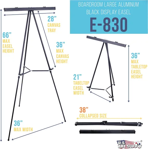 Vista 2 de U.S. Art Supply Caballete de aluminio negro de 66 pulgadas de alto para sala de juntas y soporte de presentación, piso / mesa ajustable, trípode