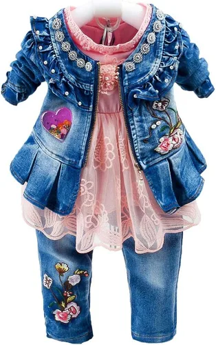 Vista 13 de Peacolate 6M-4Years Primavera Otoño Bebé Niñas Ropa Conjunto 3pcs Manga Larga Vestido Denim Chaqueta y Jeans Azul Lace