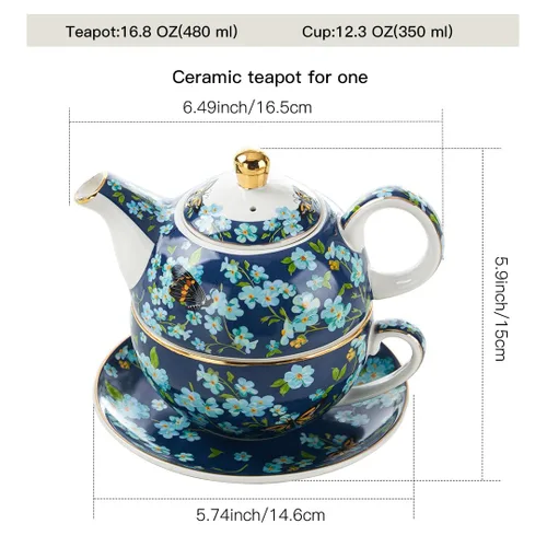 Vista 2 de Juego de té para uno, tetera y taza de porcelana, juego de té para una persona, tetera floral, juego de té de regalo para mujeres, mariposa azul
