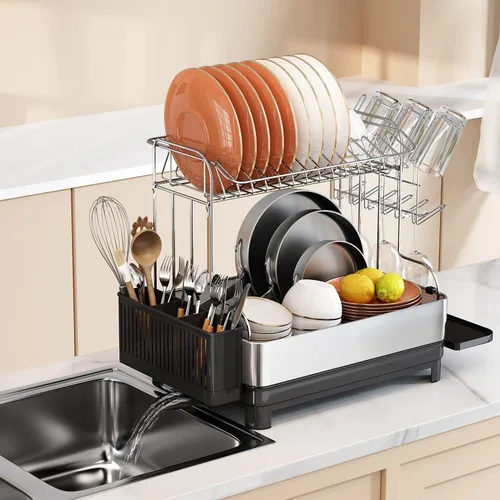 Vista 8 de BOOSINY - Escurridor grande de acero inoxidable de 2 niveles con tabla de drenaje