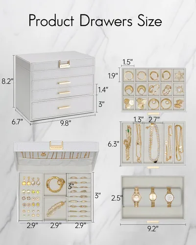 Vista 5 de Vlando Joyero grande de 4 capas Organizador de joyas, organizador de joyero para cajón, collar, anillo, pulsera y reloj, regalo de cumpleaños