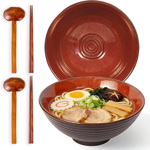 Vista 7 de Juego de cuencos de cerámica japonesa de ramen con palillos, cuencos Pho de 8 pulgadas y 40 onzas y tazón de sopa asiático y cucharas para fideos