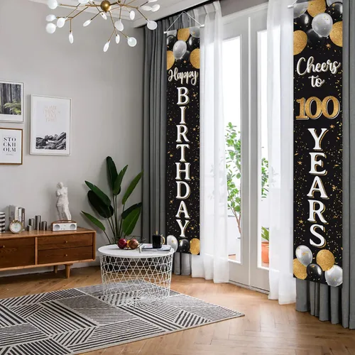 Vista 4 de Decoración de feliz cumpleaños número 100, globo negro y dorado número 100 para colgar en la puerta, letrero para colgar en la puerta, suministros
