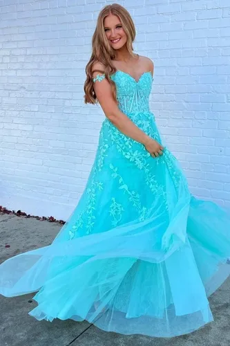Vista 3 de YUAOHUANG Vestidos de graduación con apliques de encaje y tul para mujer 2025, vestido de baile con tirantes delgados, vestido de noche formal