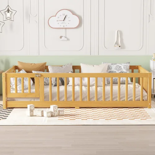 Vista 11 de Harper & Bright Designs - Cama de suelo para niños de tamaño individual con valla y puerta, marco de cama Montessori de madera maciza, cama