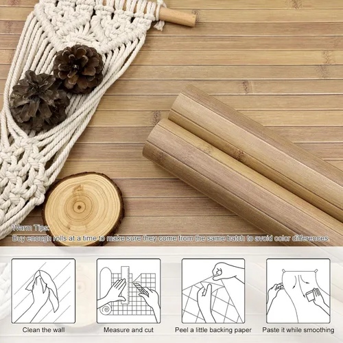Vista 4 de Pole Wrap - Papel tapiz de bambú a rayas para despegar y pegar, papel de contacto de madera sintética texturizada, 17.3 x 120 pulgadas, listones