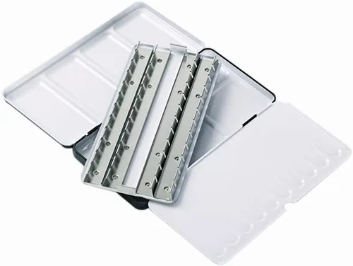 Vista 12 de Jinberry Lata de acuarela de metal con paleta de mezcla plegable, paleta de acuarela vacía multifuncional con sartenes, paleta de bandeja de pintura