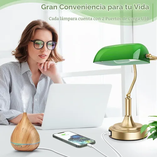 Vista 3 de Lámpara de banqueros con 2 puertos USB, control táctil, lámpara de escritorio de vidrio verde con base de latón, lámpara de escritorio vintage