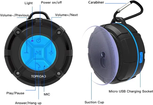 Vista 9 de TOPROAD - Altavoz Bluetooth impermeable, altavoces de ducha IPX7, pequeño altavoz portátil con clip y 2 ventosas, micrófono integrado, altavoz manos
