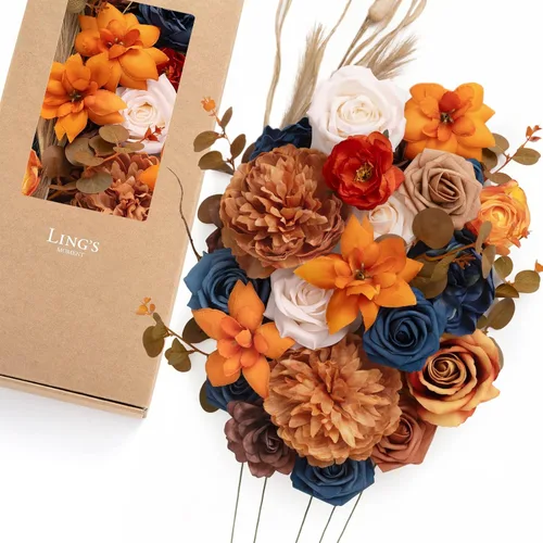 Vista 21 de Ling's moment Caja de Flores Falsas, Tallos de Vegetación Artificial Falsa Rosas de Espuma Dalia Hortensia de Seda Peonía Flor de Tela para Centros