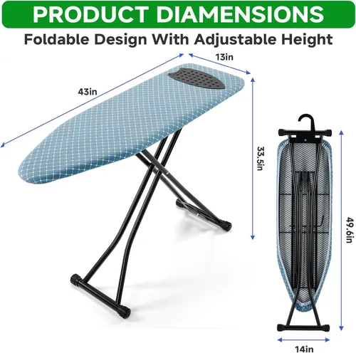 Vista 4 de BKTD Tabla de Planchar Compacta 13 x 43, Tabla de Planchar con Superficie Resistente al Calor, Altura Ajustable, Mesa que Ahorra Espacio con Gancho