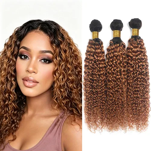 Vista 187 de P4613 Cabello humano rizado onda profunda marrón y paquetes mixtos 8 10 12 P4613 Ombre Marrón-Rubio-DP