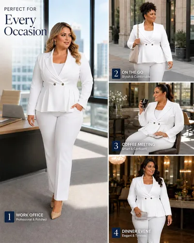 Vista 2 de CXXQ Pantalones tipo blazer peplum de 2 piezas para mujer, talla grande Blanco