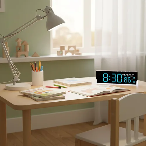 Vista 4 de JENLYSTIME Reloj despertador digital LED de 7 pulgadas con alarmas duales y luz inferior ｜ Muestra hora, fecha, día, temperatura ｜ Brillo