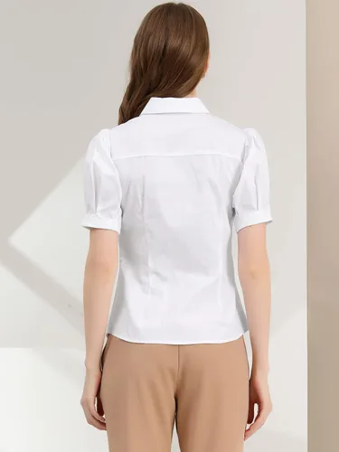 Vista 6 de Allegra K Camisa de manga corta con botones para mujer, con cuello y manga corta