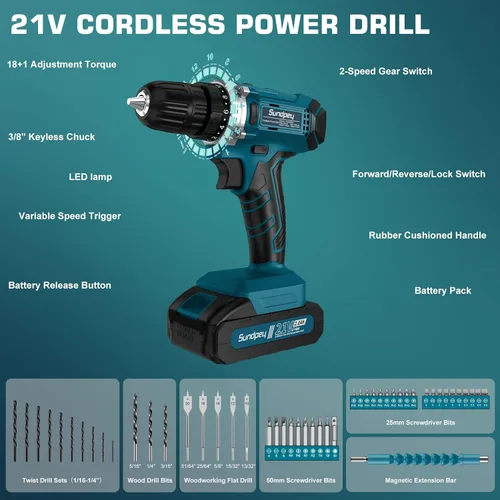 Vista 5 de Sundpey 255-PC Portable Home and Auto Tool Kit Set with 21V Cordless Drill
