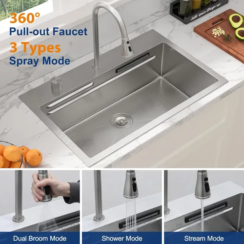Vista 8 de Sarlai - Fregadero de cocina de cascada de 31 pulgadas, de montaje superior - 31x20 Fregadero de cocina con borde y estación de trabajo, de acero