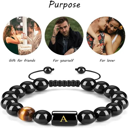 Vista 5 de Apzzic 0.394in A-Z letra inicial natural negro ónix ojo de tigre piedra pulsera alivio del estrés pulsera cuerda trenzada ajustable para hombres