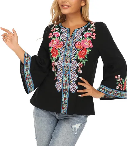 Vista 5 de YZXDORWJ Blusa casual mexicana con volantes y mangas acampanadas para mujer, talla grande, talla XXL