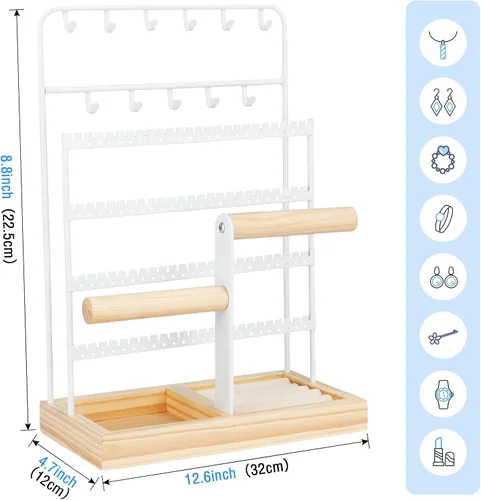 Vista 5 de Jewelry Organizer, Earring Holder Organizer Jewelry Stand with Tray, 8-Tier Jewelry Display Rack with 13 Hooks for Necklace Bracelet, 96 Holes for
