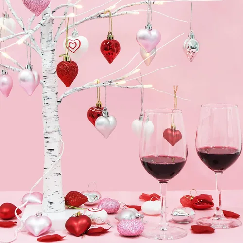 Vista 8 de Decoraciones para el día de San Valentín, decoración de corazón, 36 piezas de adornos de plástico rojo, plateado, rosa, blanco, árbol de Navidad