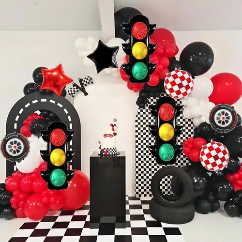 Vista 3 de 6 globos de carreras para decoración de fiesta de cumpleaños, globos de semáforo de 32 pulgadas para suministros de fiesta de cumpleaños