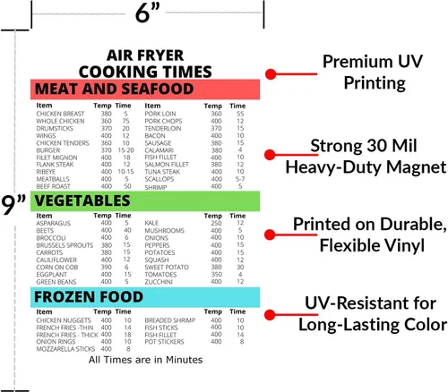 Vista 2 de Freidora de aire Imán Tiempos de cocción 6x9 Tabla de conversión de cocina - Carne Mariscos Verduras Alimentos congelados - Guía de cocción con imán