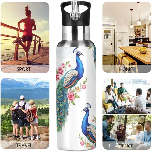 Vista 5 de Stainless Steel Vacuum Insulated Water Bottle 20 Oz, BPA-Free Sport Water Bottle for Gym Outdoor Travel School, Peacocks Blue Green Feathers