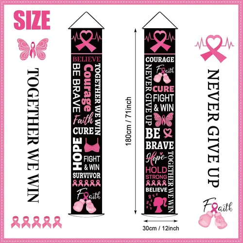 Vista 2 de Decoraciones de fiesta de cinta rosa para concientización sobre el cáncer de mama, cartel de porche, esperanza, fuerza, coraje, fe, pancarta