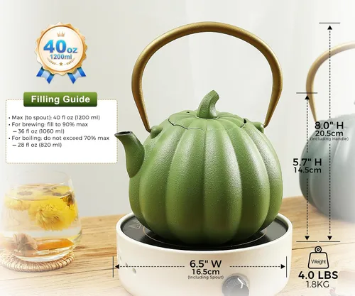 Vista 6 de VICSKY Tetera de hierro fundido de calabaza, tetera japonesa de tetsubin, 40 onzas, interior esmaltado e infusor extendido para hojas sueltas