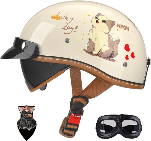 Vista 19 de Casco Moto Retro Jet para hombres y mujeres Homologado DOT, Medio Casco ABS, Ventilación Doble, Visera Retráctil y Forro Desmontable Fresco