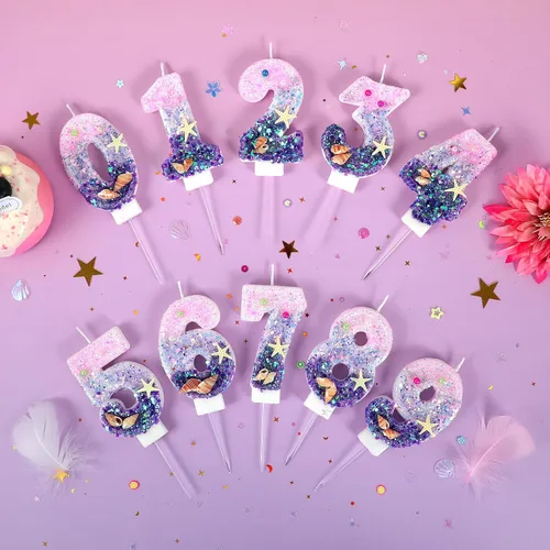 Vista 6 de Velas de cumpleaños, velas rosas y moradas del número 0 decoradas con caracolas, estrellas de mar y perlas para fiesta temática de sirena