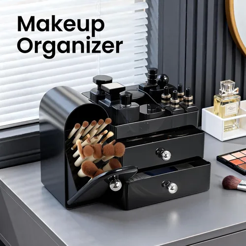 Vista 2 de Organizador de Maquillaje, Organizador de Tocador con Soporte para Brochas de Maquillaje, Organizadores Grandes para Cuidado de la Piel